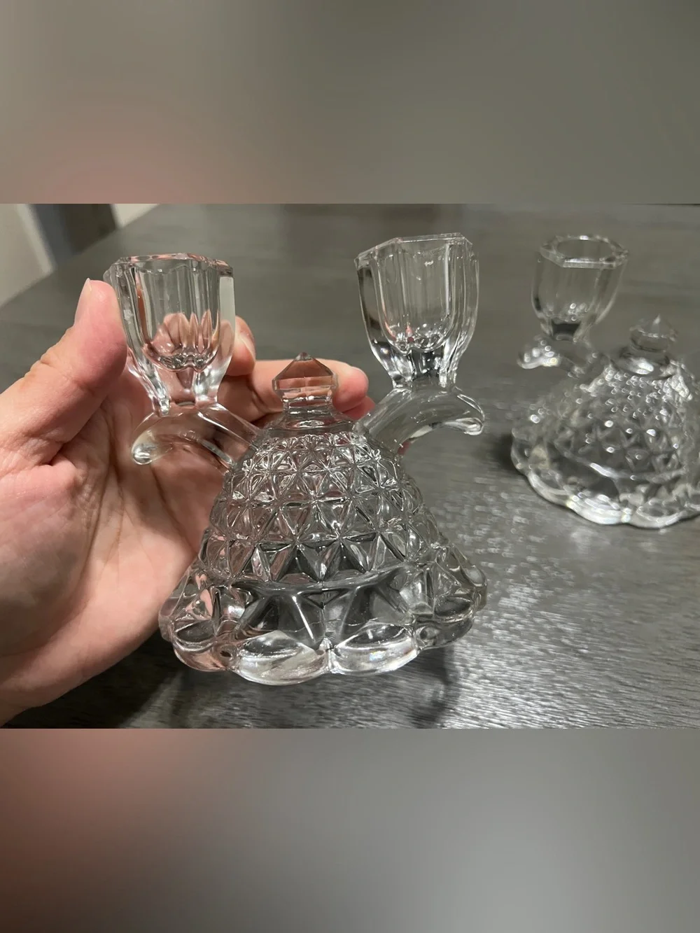 Vintage Clear Pressed Glass Double Candlestick Holders – Set of 2